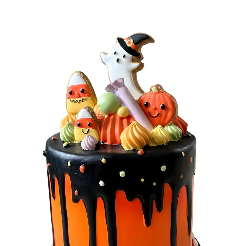 Ghoulish Halloween Candy Corn Ghost Cake Decor 13in Resin Black & Orange NEW